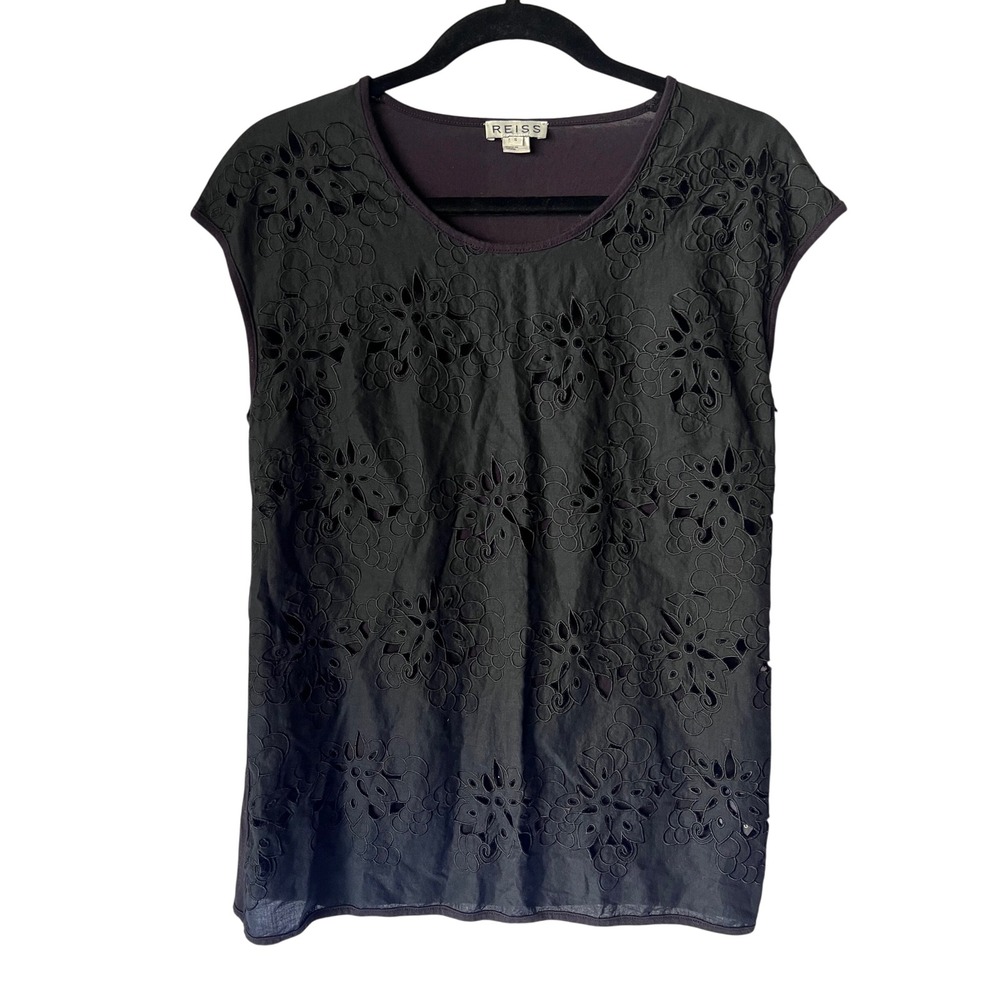 Reiss Floral Eyelet Cutwork Mixed Media Sleeveless Top Dark Plum Small
